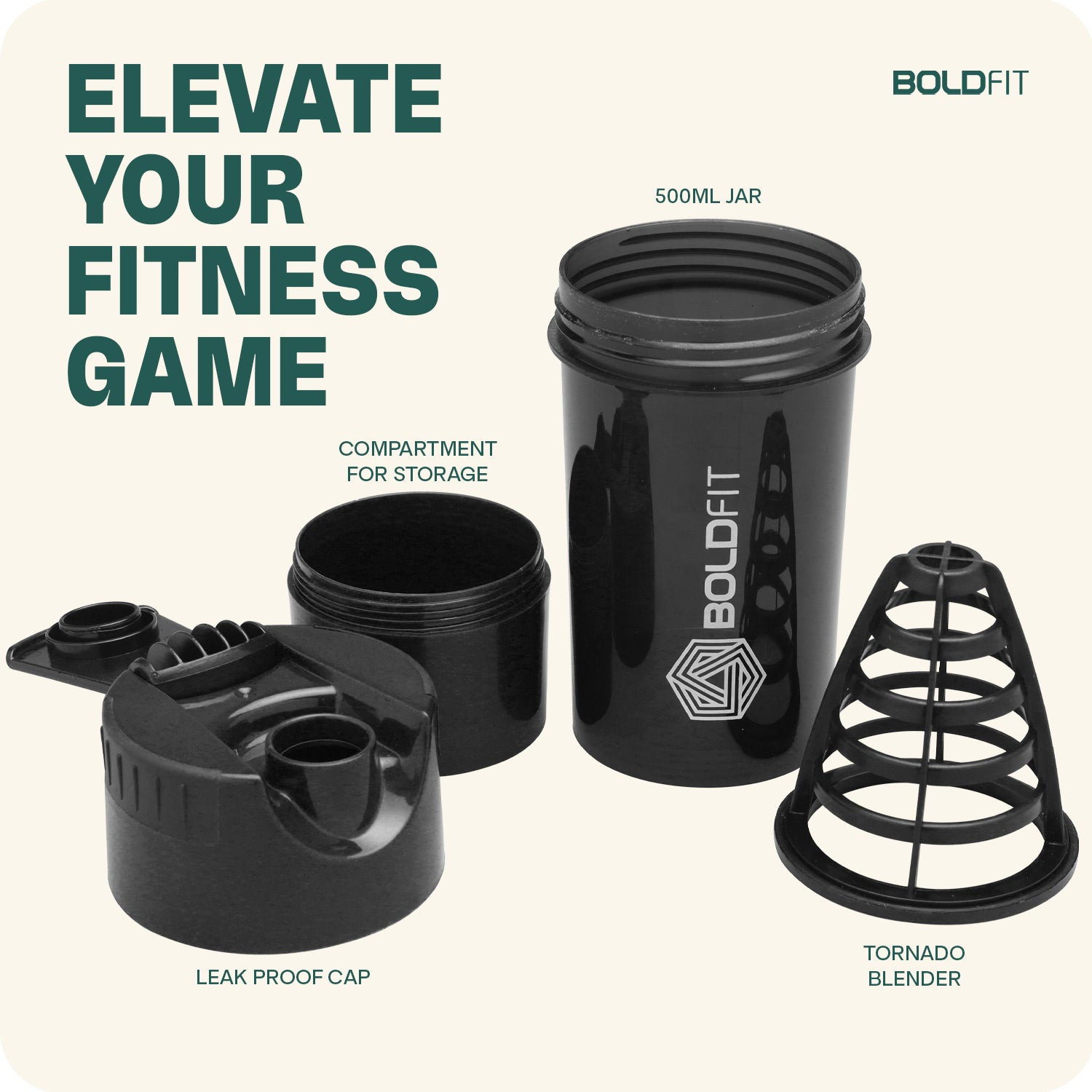 Boldfit Cyclone Shaker 500ml - Tornado Black