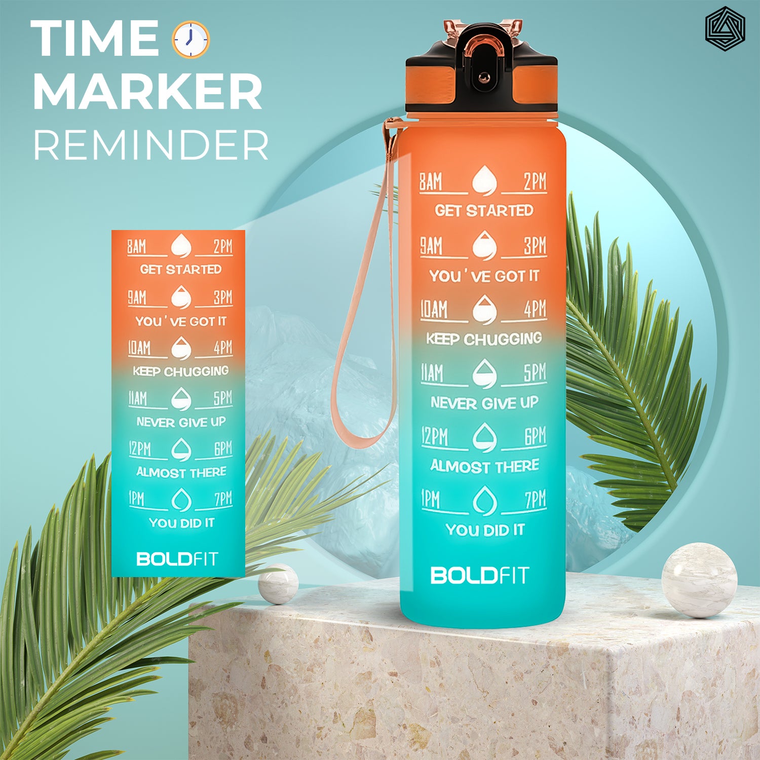 Aqua Motivational Bottle 1 Litre - Teal Orange